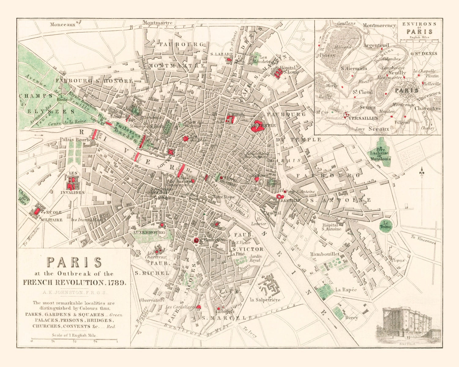 Vintage Map of the Paris French Revolution, 1789