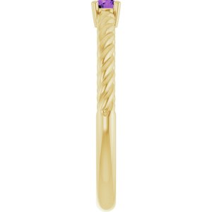 14K Yellow Gold 3 mm Natural Amethyst Solitaire Rope Ring