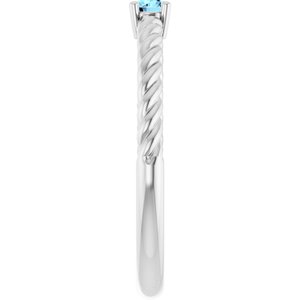 14K White Gold 3 mm Natural Aquamarine Solitaire Rope Ring