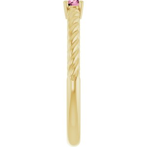 14K Yellow Gold 3 mm Natural Pink Tourmaline Solitaire Rope Ring
