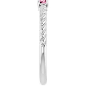 14K White Gold 3 mm Natural Pink Tourmaline Solitaire Rope Ring