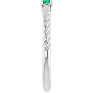 14K White Gold 3 mm Lab-Grown Emerald Solitaire Rope Ring