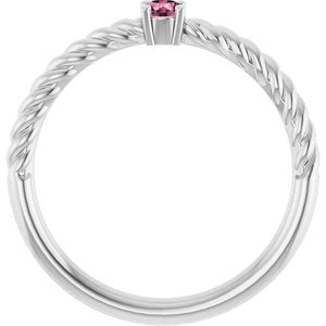 14K White Gold 3 mm Natural Pink Tourmaline Solitaire Rope Ring