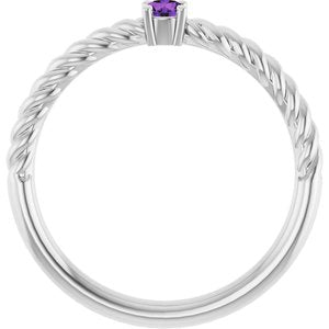 Sterling Silver 3 mm Natural Amethyst Solitaire Rope Ring