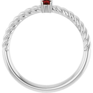 14K White Gold 3 mm Natural Mozambique Garnet Solitaire Rope Ring