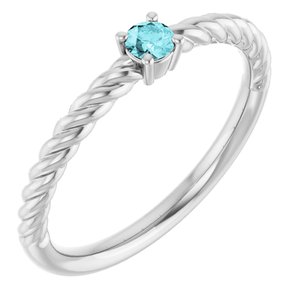 14K White Gold 3 mm Natural Blue Zircon Solitaire Rope Ring
