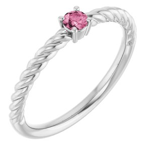 14K White Gold 3 mm Natural Pink Tourmaline Solitaire Rope Ring