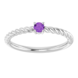 14K White Gold 3 mm Natural Amethyst Solitaire Rope Ring