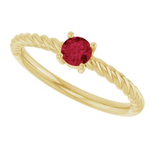 14K Yellow Gold 4 mm Lab-Grown Ruby Solitaire Rope Ring