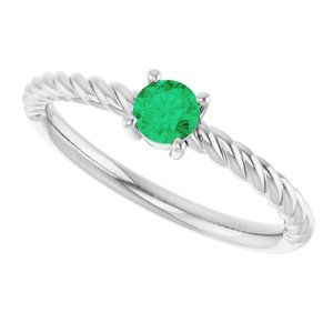 14K White Gold 4 mm Lab-Grown Emerald Solitaire Rope Ring