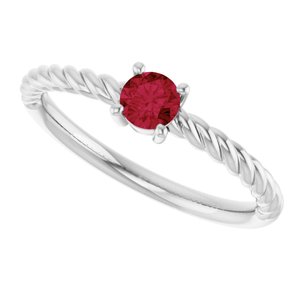 14K White Gold 4 mm Lab-Grown Ruby Solitaire Rope Ring