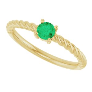14K Yellow Gold 4 mm Natural Emerald Solitaire Rope Ring