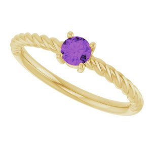 14K Yellow Gold 4 mm Natural Amethyst Solitaire Rope Ring