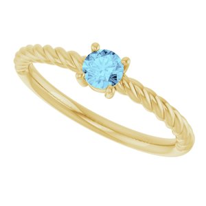 14K Yellow Gold 4 mm Natural Aquamarine Solitaire Rope Ring