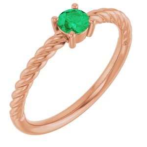 14K Rose Gold 4 mm Natural Emerald Solitaire Rope Ring