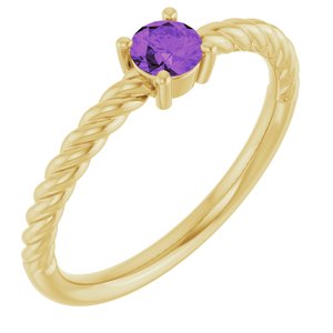 14K Yellow Gold 4 mm Natural Amethyst Solitaire Rope Ring