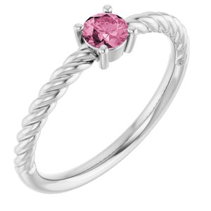 Sterling Silver 4 mm Natural Pink Tourmaline Solitaire Rope Ring