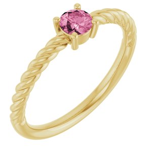 14K Yellow Gold 4 mm Natural Pink Tourmaline Solitaire Rope Ring