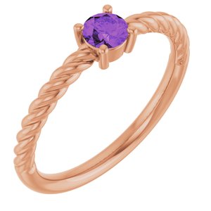 14K Rose Gold 4 mm Natural Amethyst Solitaire Rope Ring