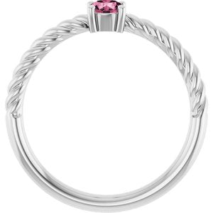 14K White Gold 4 mm Natural Pink Tourmaline Solitaire Rope Ring
