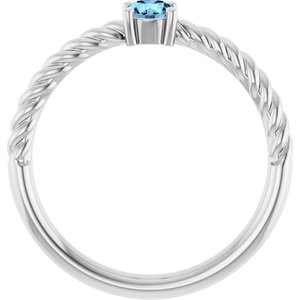 14K White Gold 4 mm Natural Aquamarine Solitaire Rope Ring