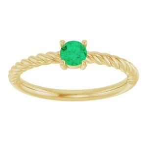 14K Yellow Gold 4 mm Lab-Grown Emerald Solitaire Rope Ring