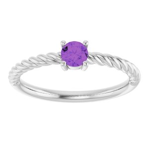 14K White Gold 4 mm Natural Amethyst Solitaire Rope Ring