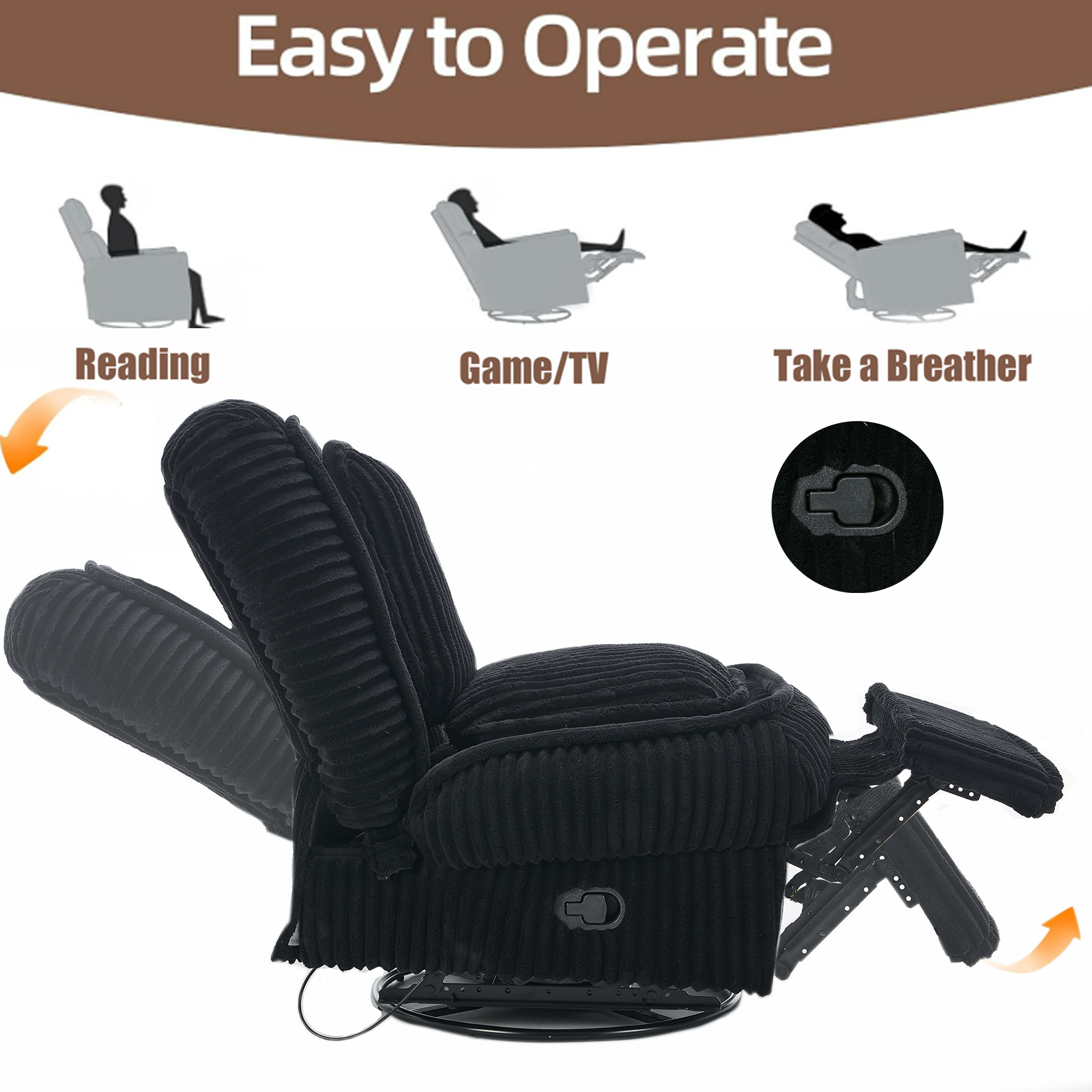 [NEW ARRIVED] 360° Swivel Rocking Single Sofa,Recliner Sofa, Manual Glider Rocking Armless Chair,Living Room Office, With Adjustable Backrest and Footrest and pillows, Small Spaces,Corduroy , Black
