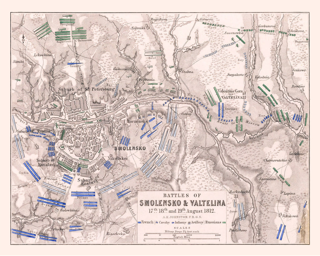 Vintage Map of the Battles of Smolensko & Valtellina, 1812