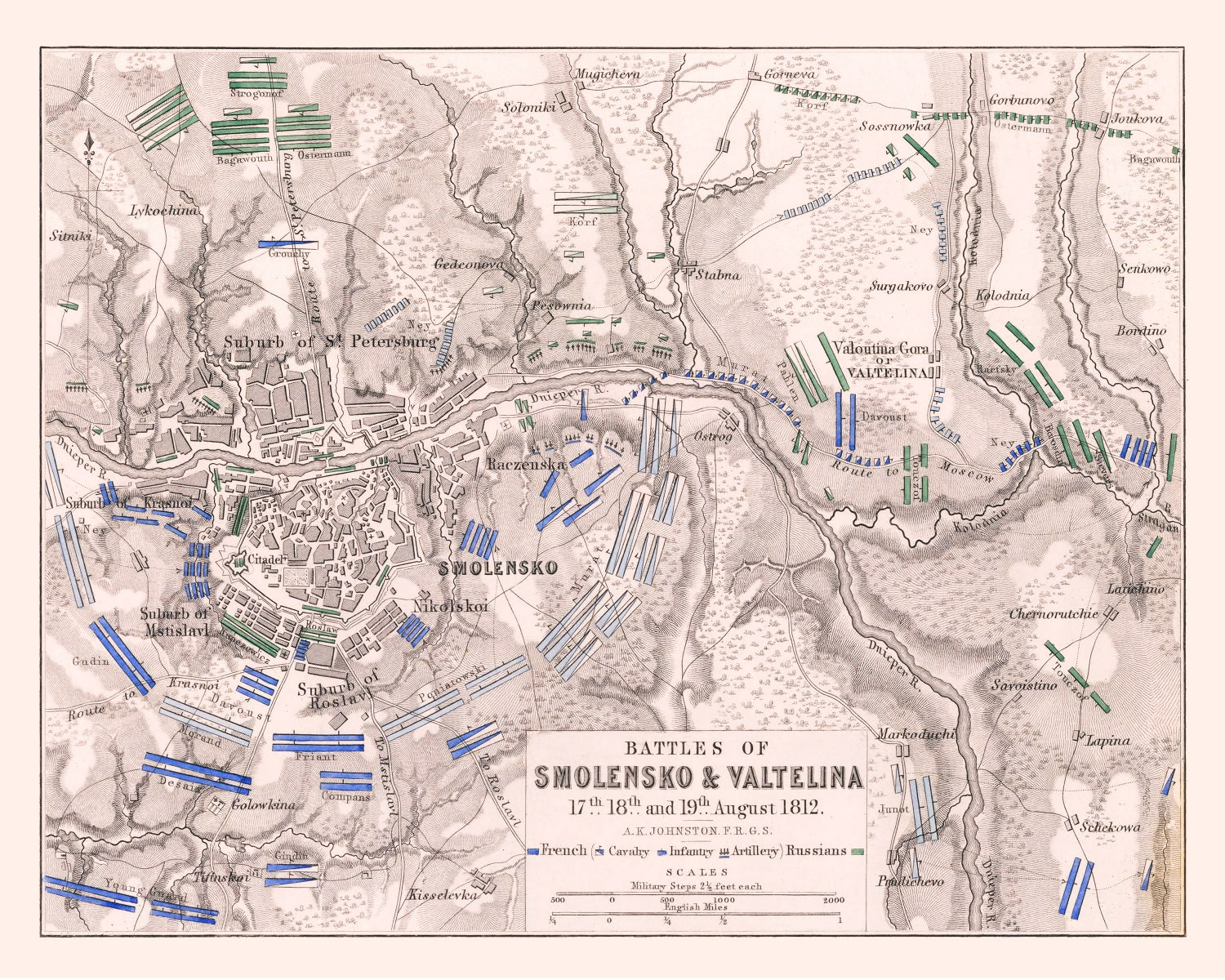 Vintage Map of the Battles of Smolensko & Valtellina, 1812