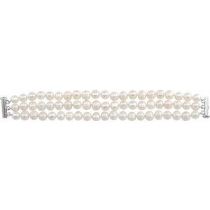 Sterling Silver Cultured White Freshwater Pearl Triple Strand 7 1/4" Bracelet – image 2