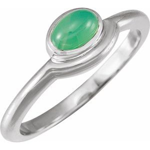 14K White Gold Natural Green Chrysoprase Bezel-Set Cabochon Ring