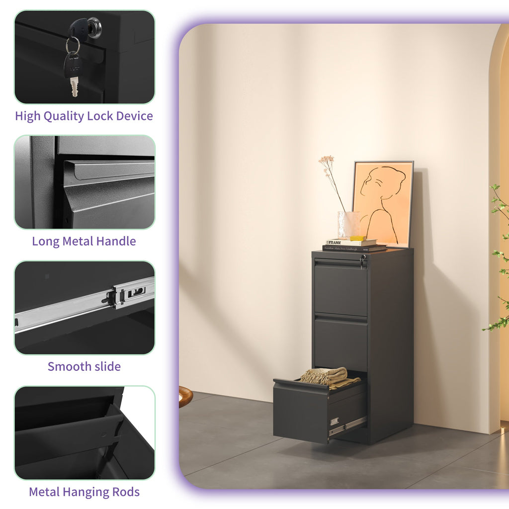 SteelCraft 3 Drawer Metal Vertical File Cabinet with Lock, Black, Steel, 15.16x17.72x40.39 inches