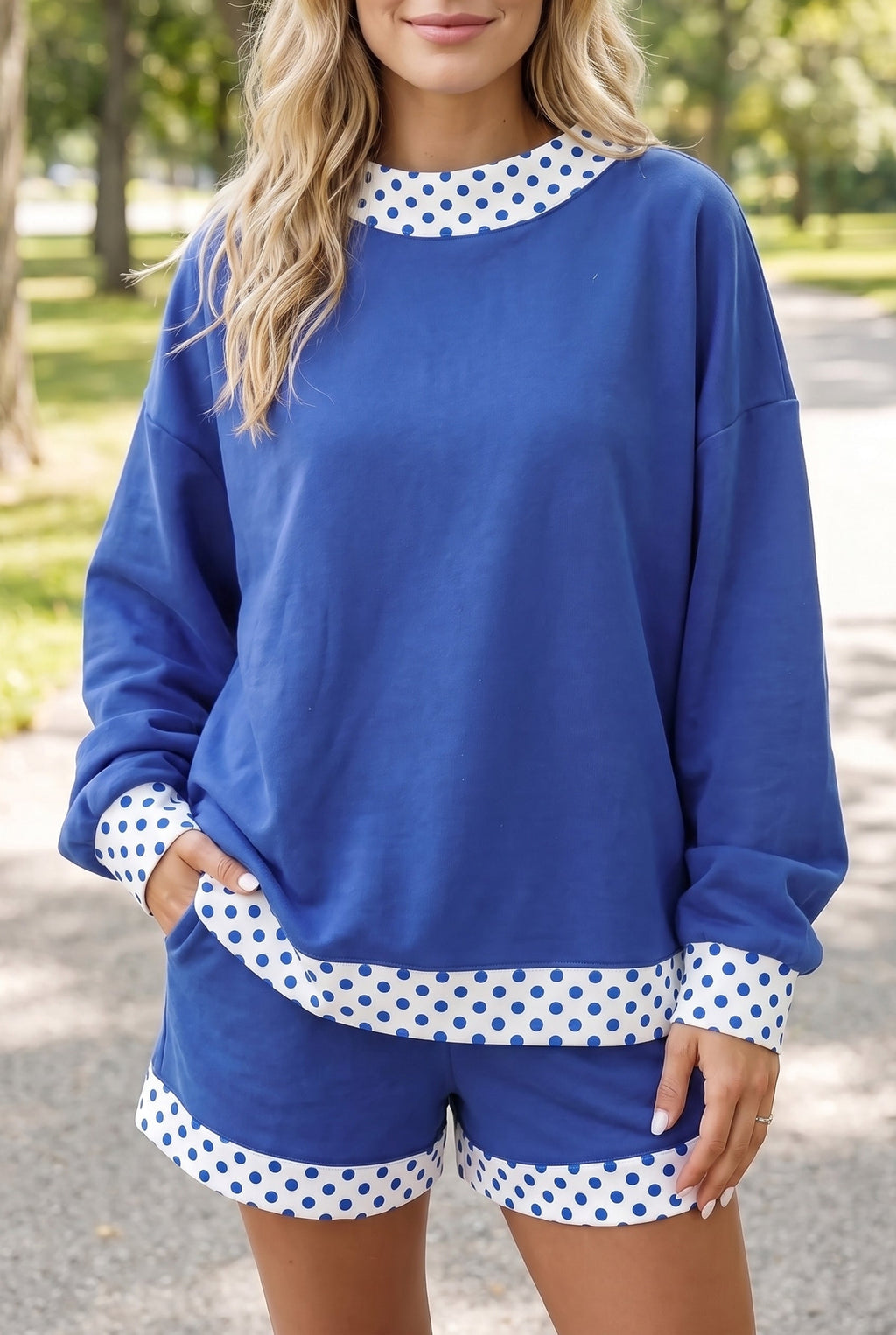Polka Dot Contrast Trim Sweatshirt & Shorts Set