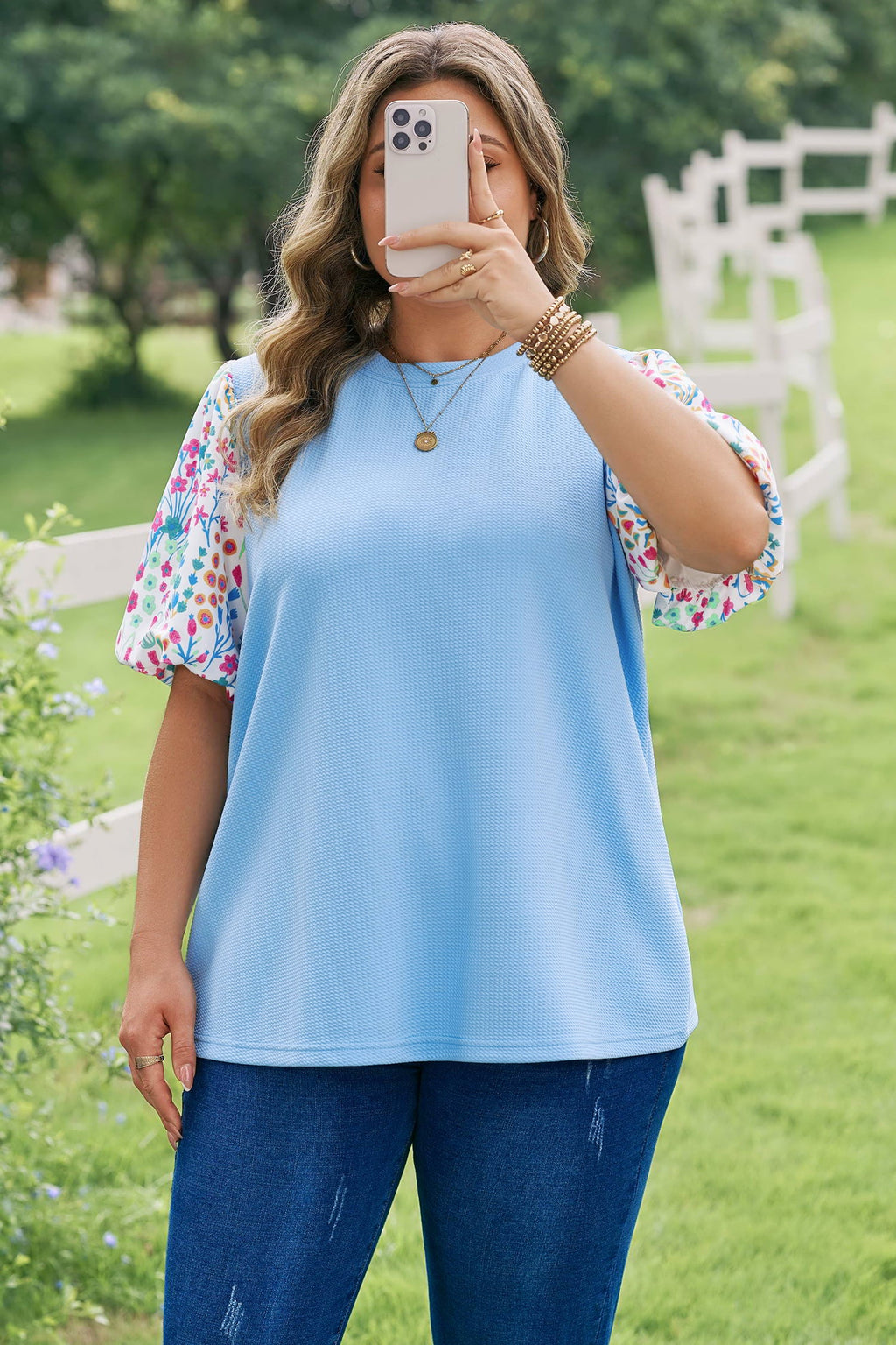 Plus Size Floral Patchwork Puff Sleeve Textured Top