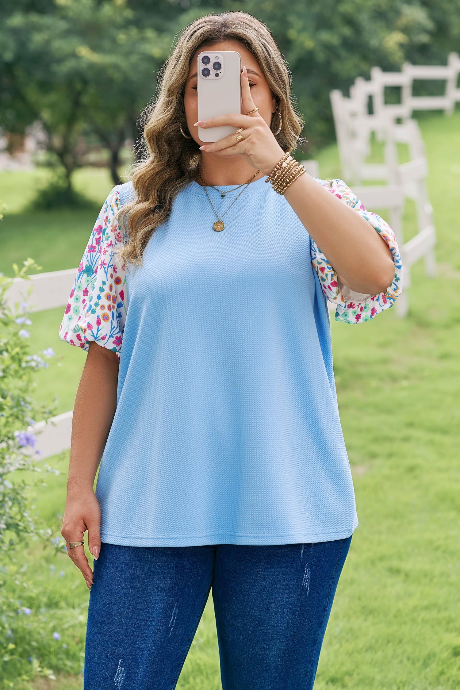 Plus Size Floral Patchwork Puff Sleeve Textured Top