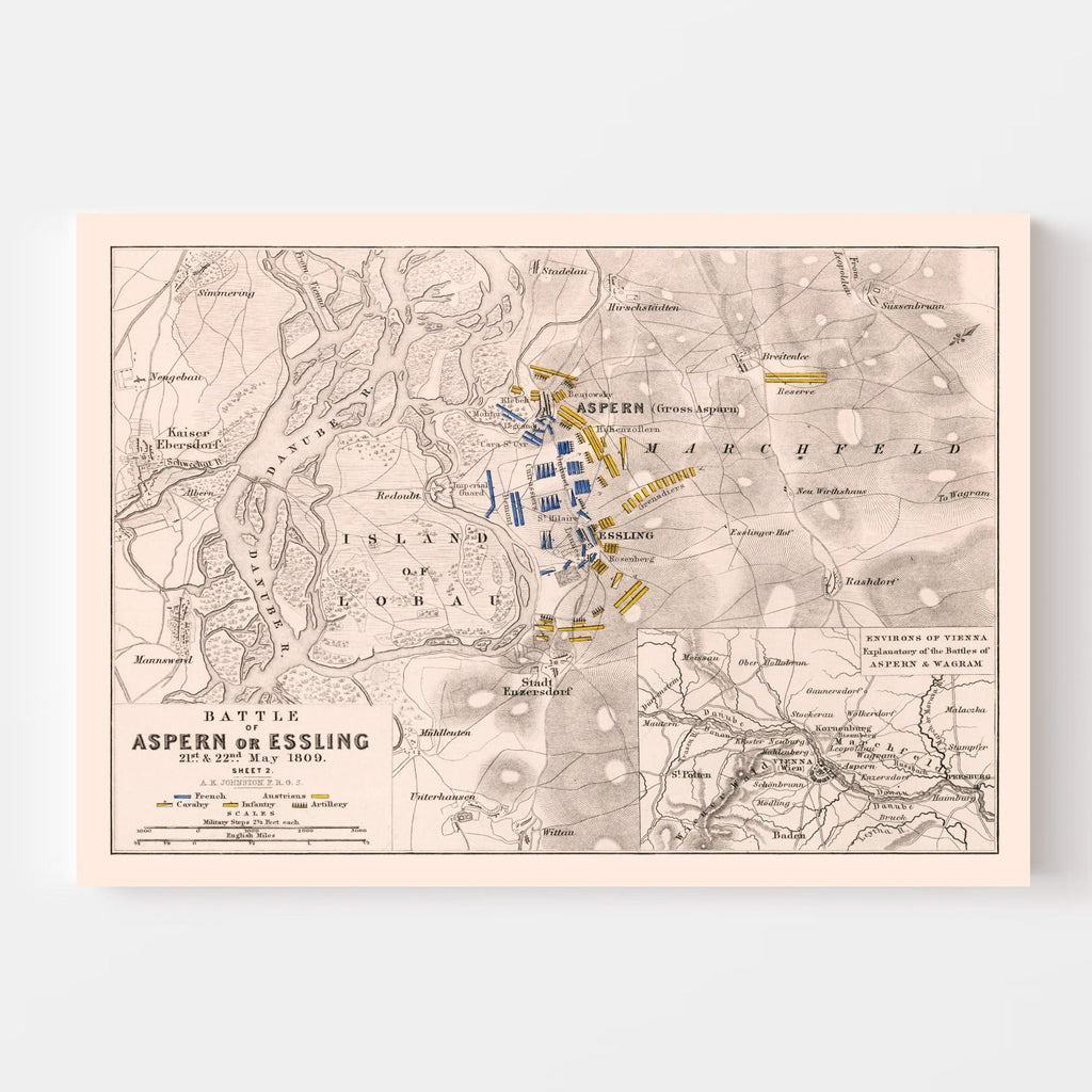 Vintage Map of the Battle of Aspern, 1809