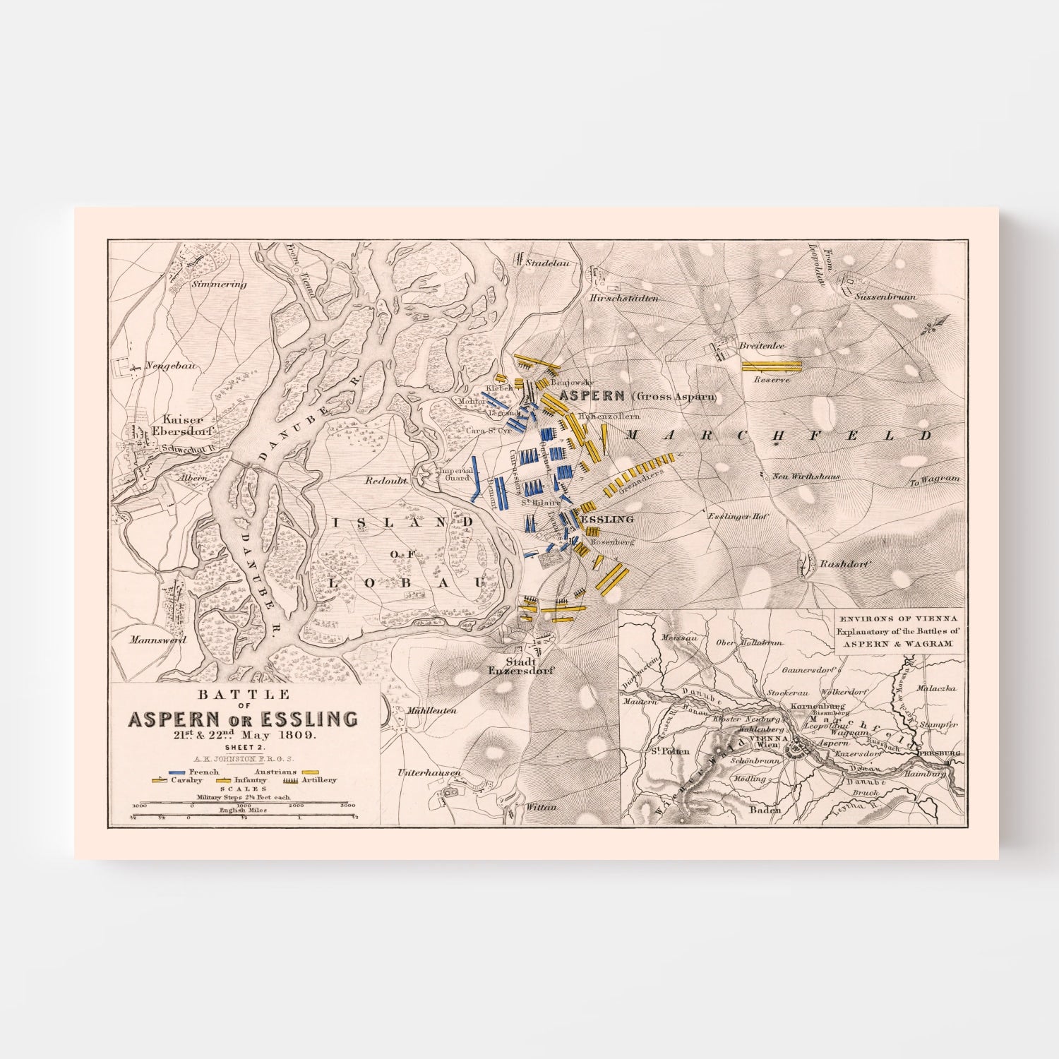 Vintage Map of the Battle of Aspern, 1809