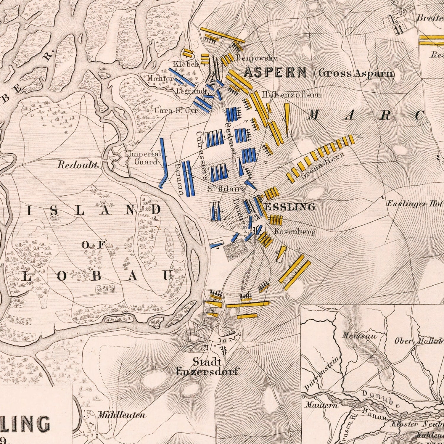 Vintage Map of the Battle of Aspern, 1809
