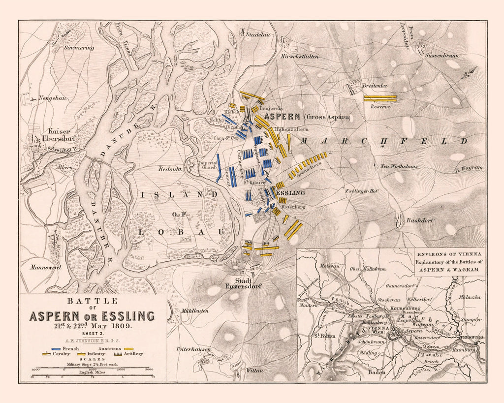 Vintage Map of the Battle of Aspern, 1809