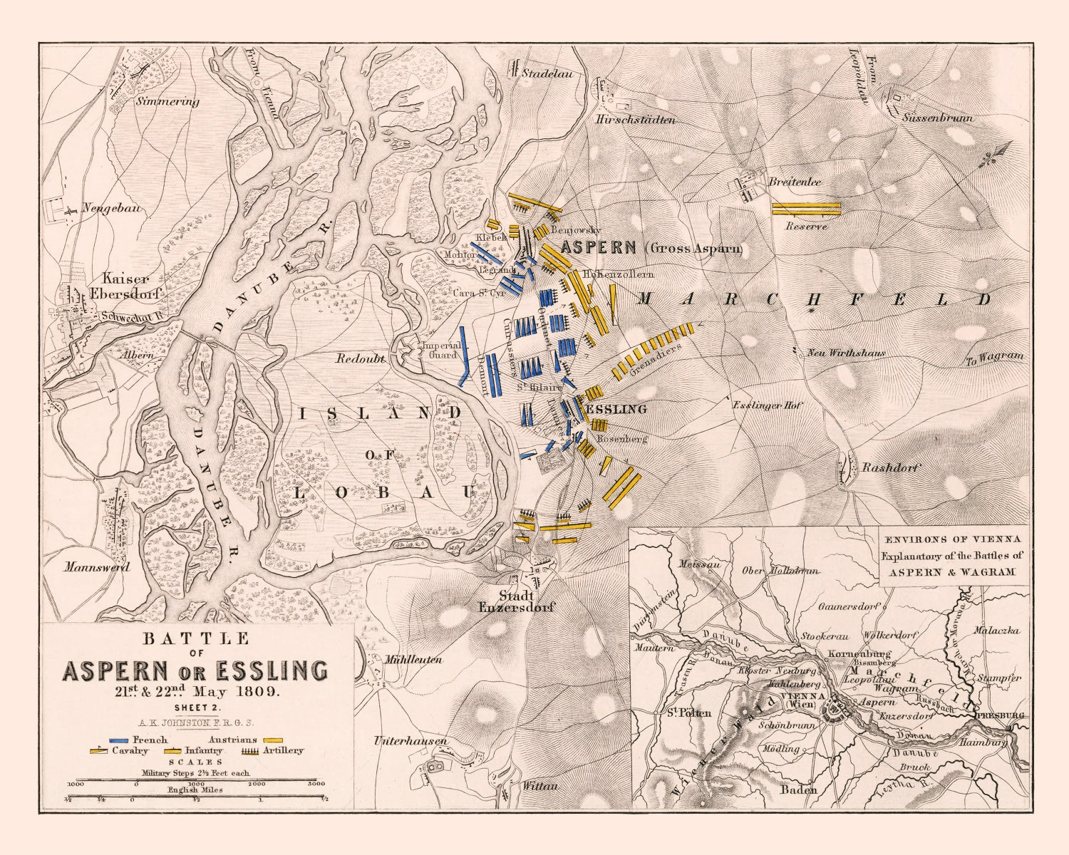 Vintage Map of the Battle of Aspern, 1809