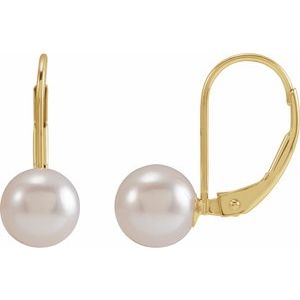14K Yellow Gold Cultured White Akoya Pearl Lever Back Earrings