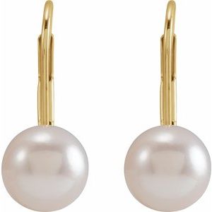 14K Yellow Gold Cultured White Akoya Pearl Lever Back Earrings