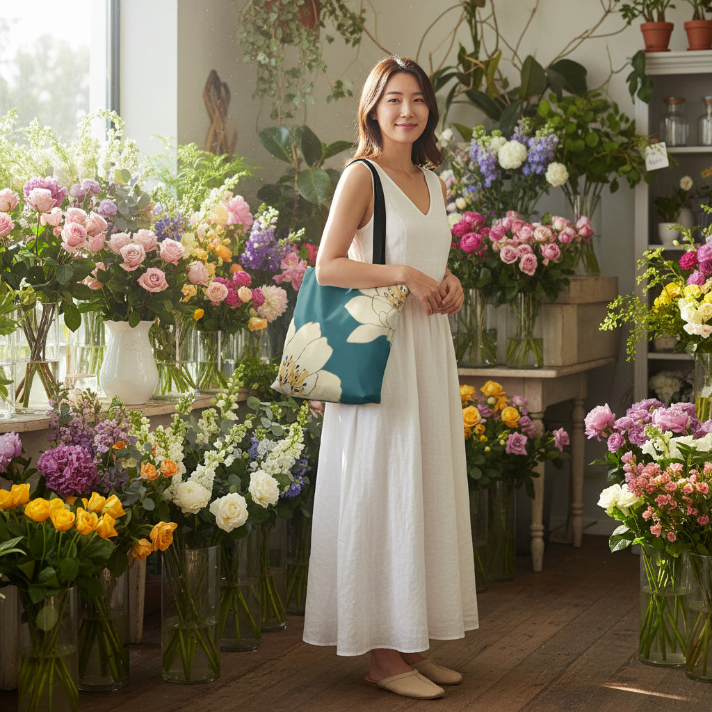 Green Floral Beach Shopper Tote Bag Medium