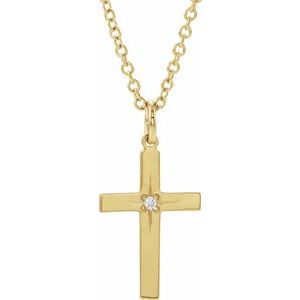 14K Yellow Gold .0075 CT Natural Diamond Youth Cross 15" Necklace
