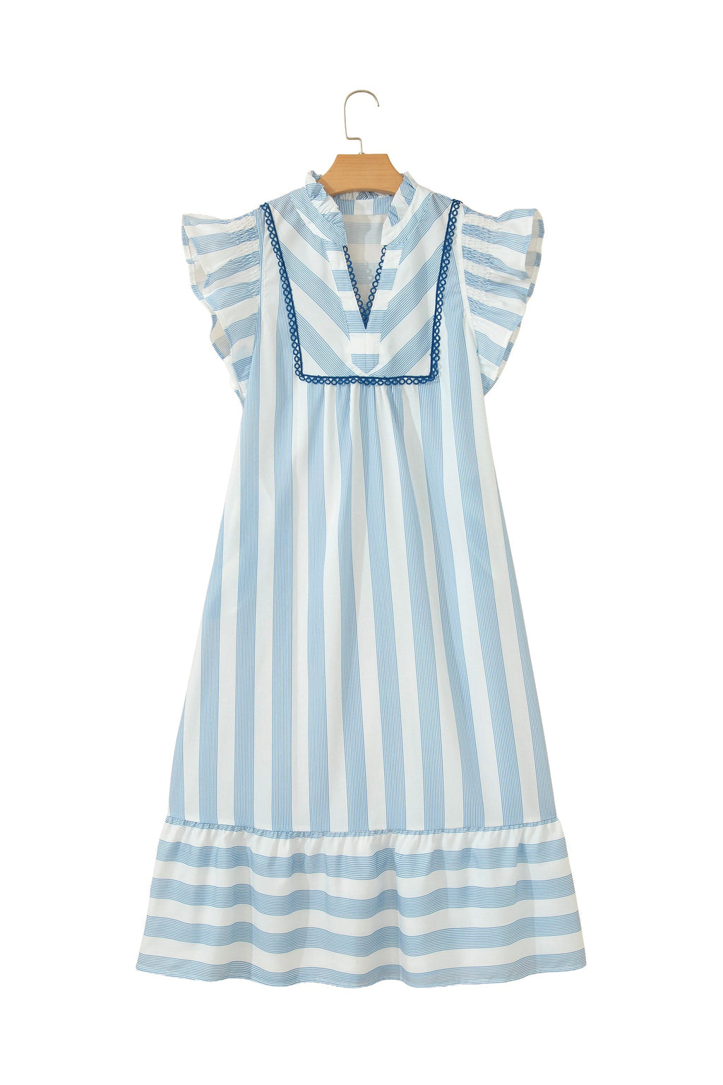Stripe Lace Trim V-Neck Ruffle Midi Dress