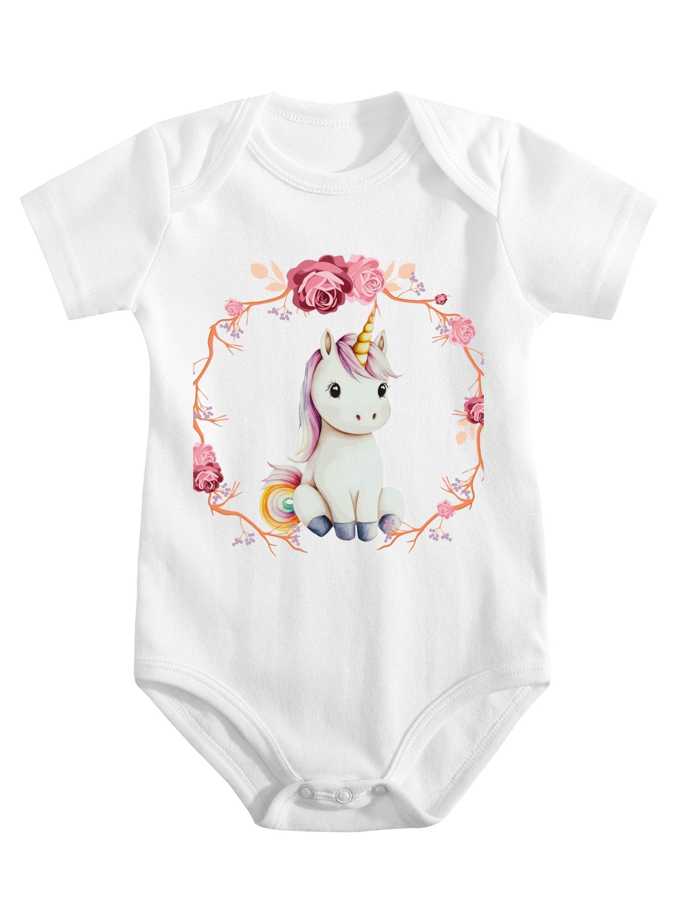 Baby Unicorn with Pink Roses Unisex Cotton Short Sleeve Baby Romper