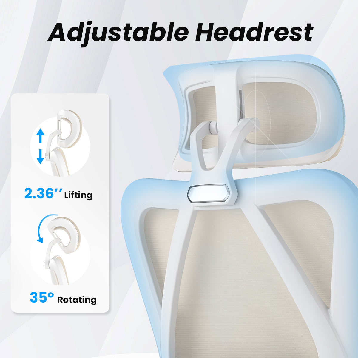 Ergonomic Office Chair with Footrest, Mesh Office Desk Chair with Headrest, High Back Computer Chair with Adjustable Lumbar Support for Home Office Study Room Bedroom, White & Kakhi