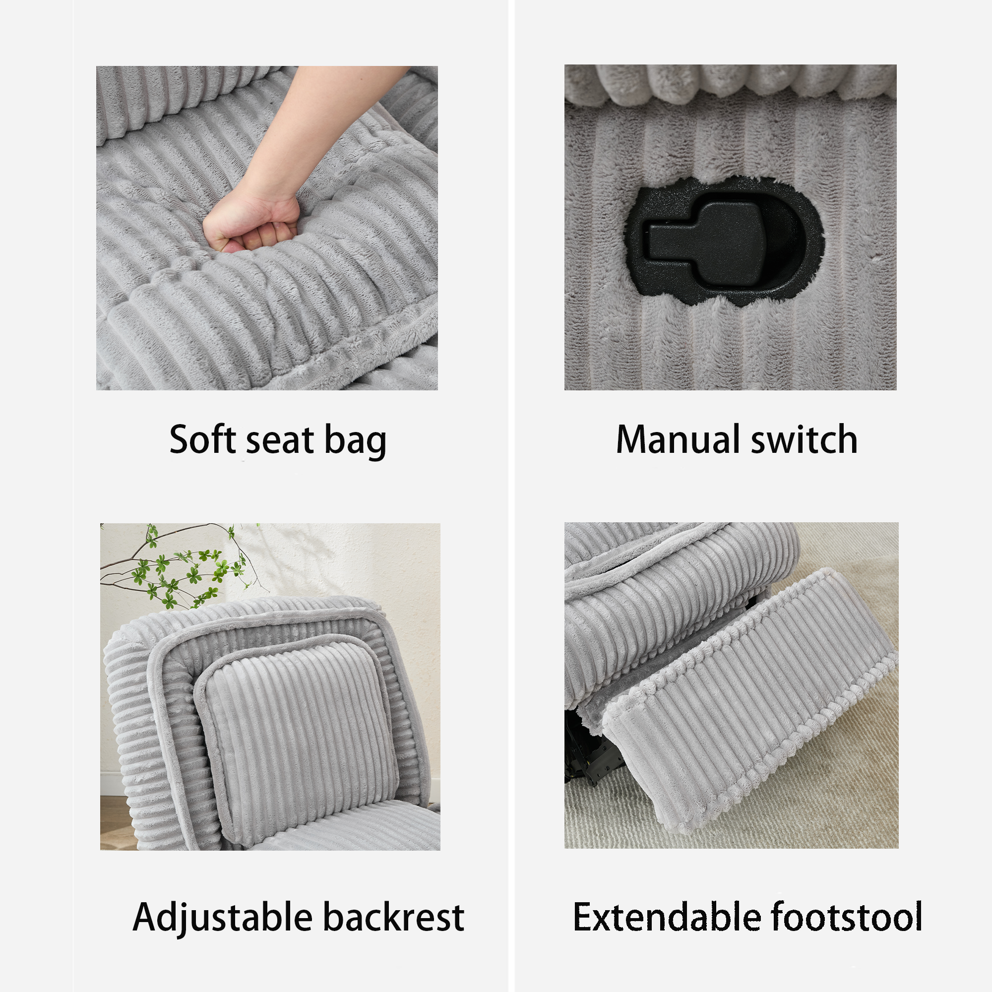[NEW ARRIVED] 360° Swivel Rocking Single Sofa,Recliner Sofa, Manual Glider Rocking Armless Chair,Living Room Office, With Adjustable Backrest and Footrest and pillows, Small Spaces,Corduroy , Gray