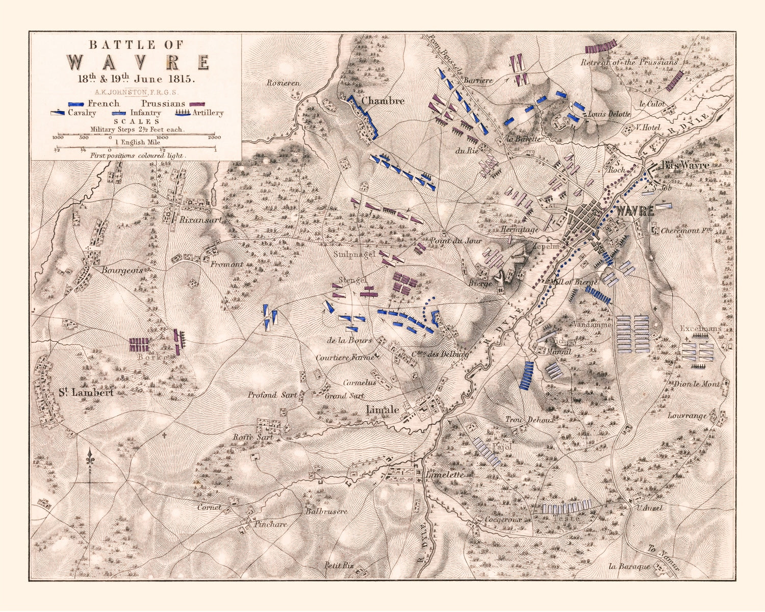 Vintage Map of the Battle of Wavre, 1815